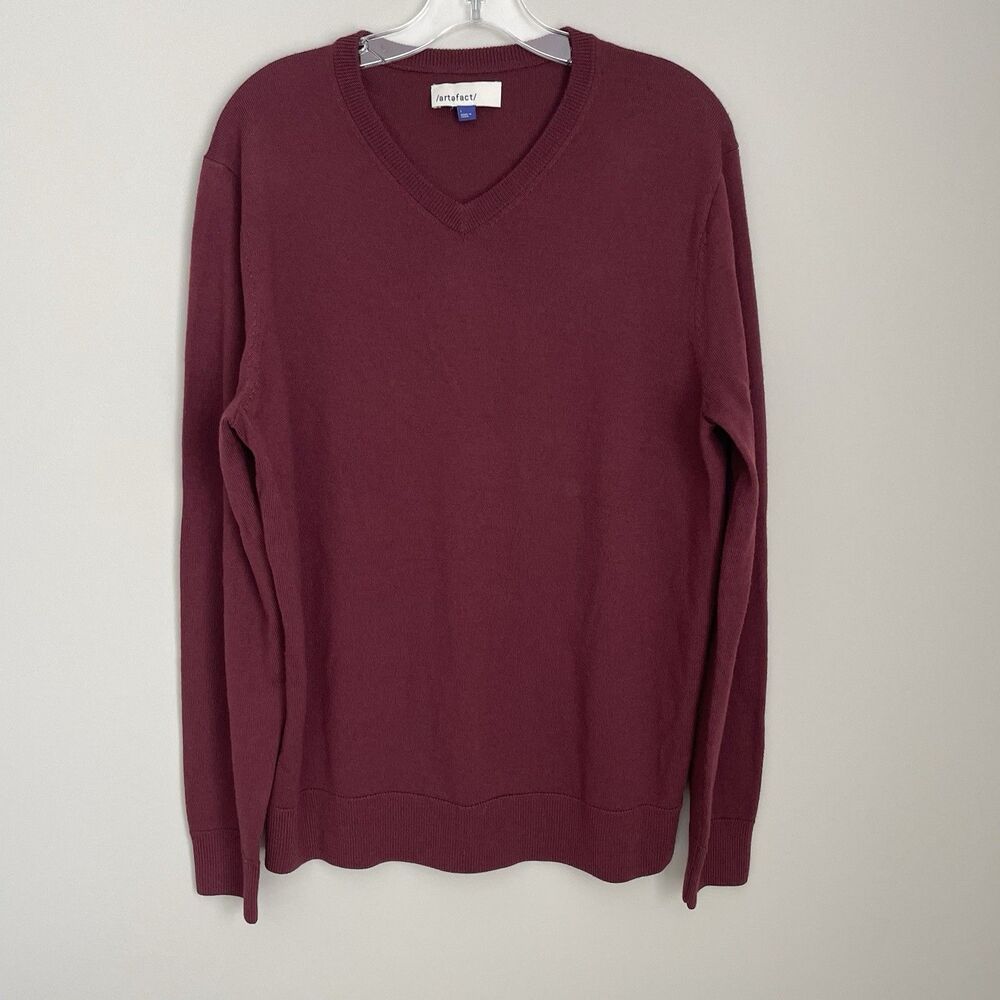 Artefact Size L Mens Burgundy Red V Neck Merino Wool Pullover Sweater